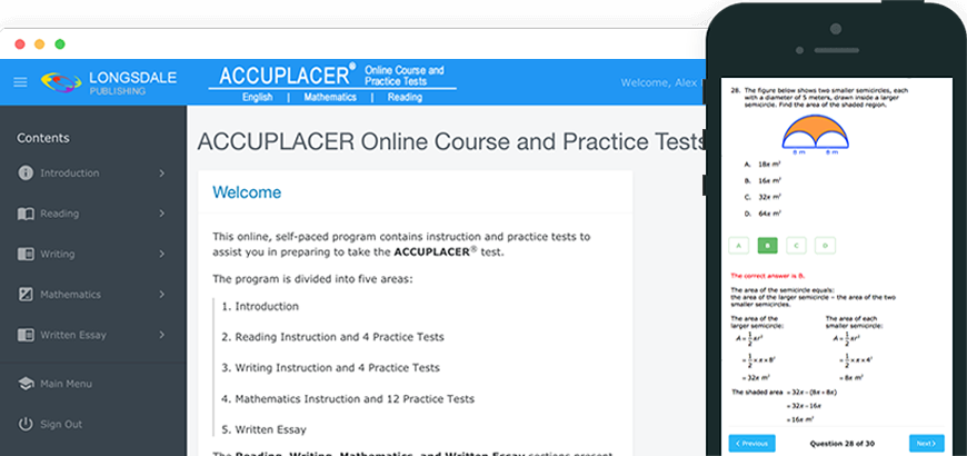 Main menu of ACCUPLACER test prep program and view on iPhone